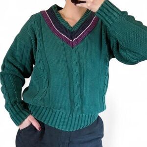 Gap V-Neck Cable Knit Sweater 100% Cotton Green Tennis Cricket Vintage Preppy
